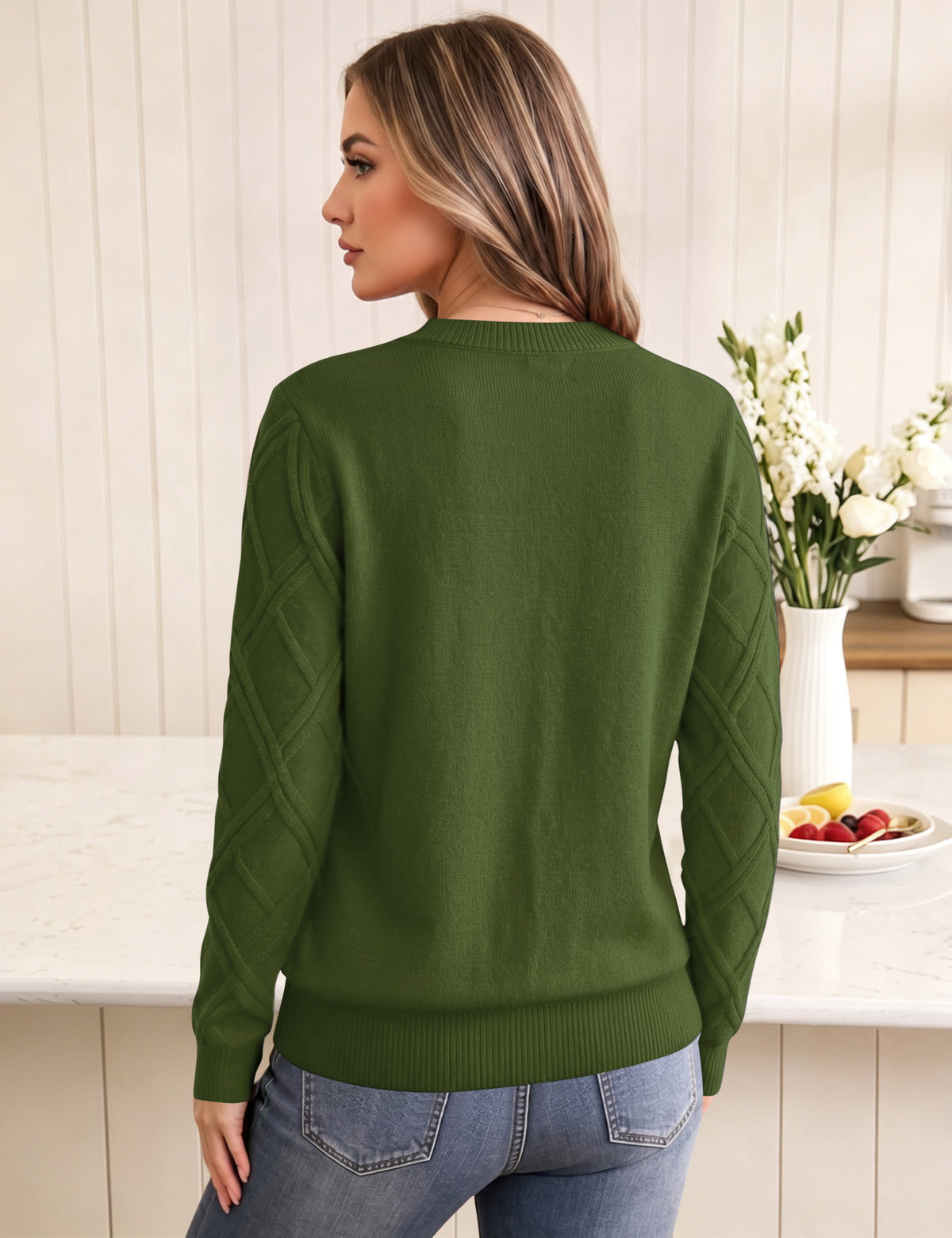 LOMON Women's Cable Knit Sweater Long Sleeve Crew Neck Fall Tops