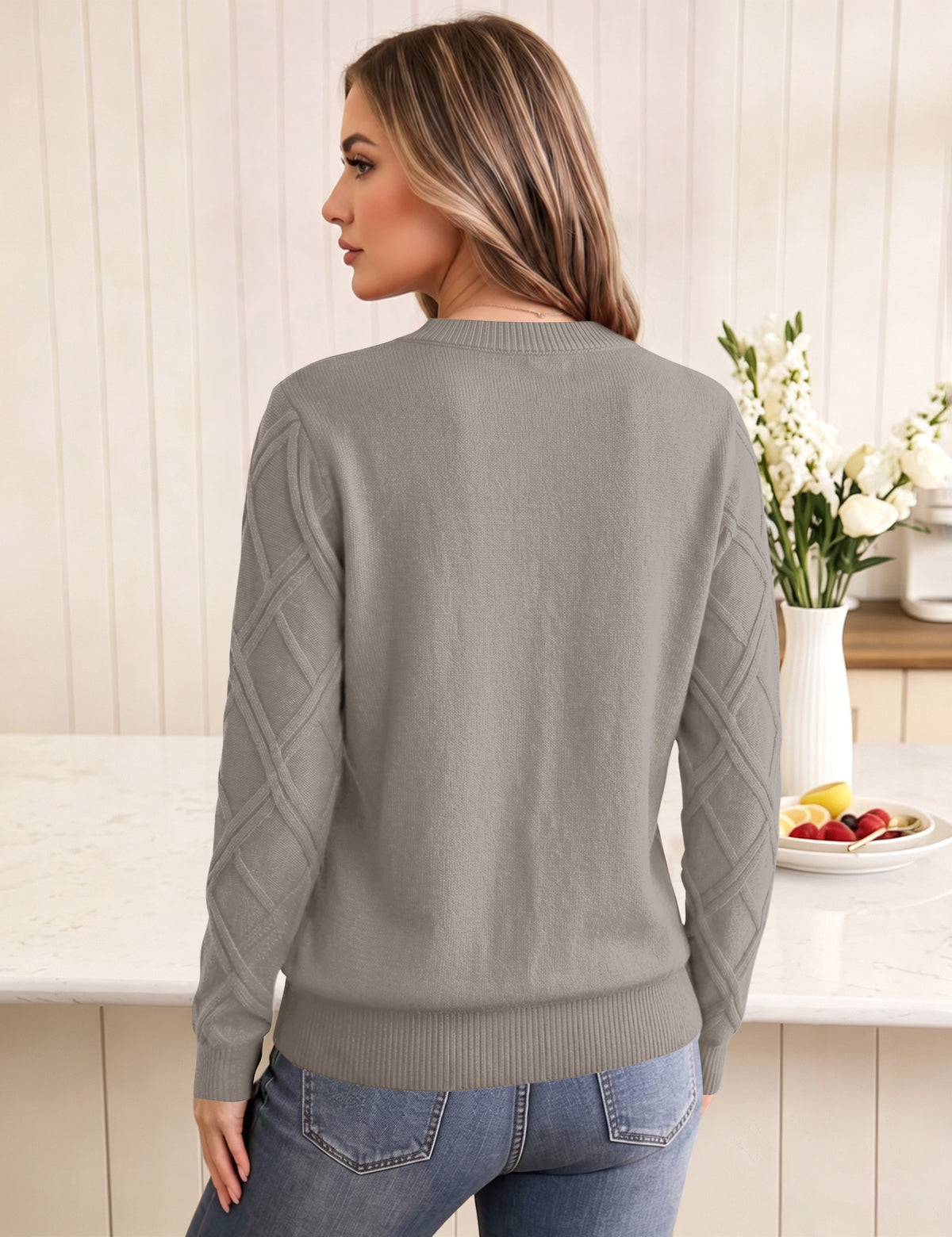 LOMON Women's Cable Knit Sweater Long Sleeve Crew Neck Fall Tops