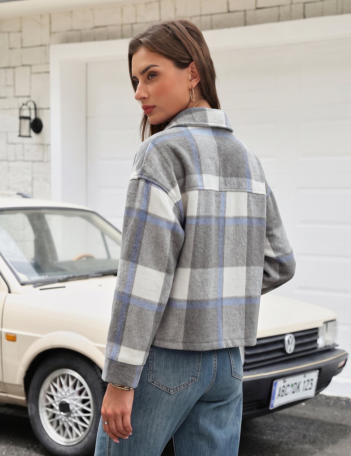 LOMON Women's Flannel Cropped Plaid Shacket Jacket Button Down Fall Outfits