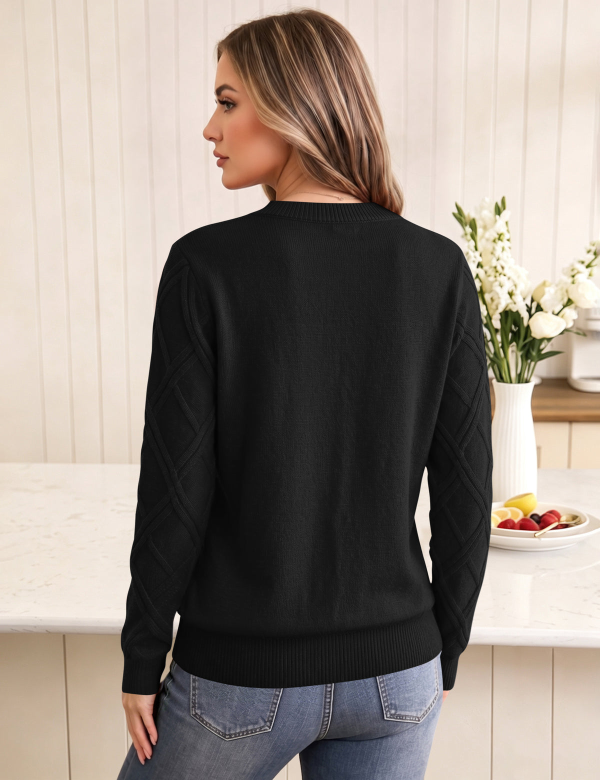 LOMON Women's Cable Knit Sweater Long Sleeve Crew Neck Fall Tops