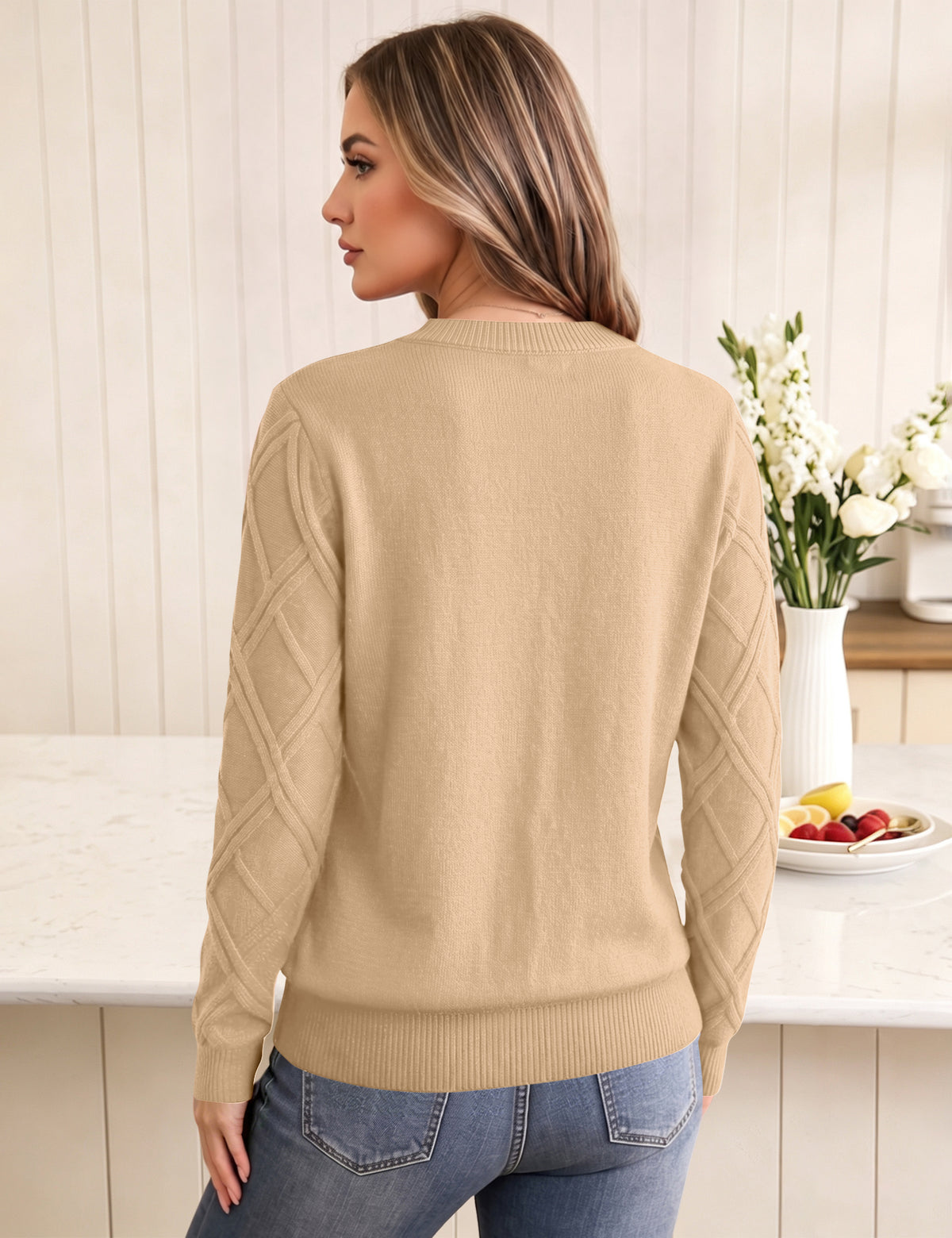 LOMON Women's Cable Knit Sweater Long Sleeve Crew Neck Fall Tops