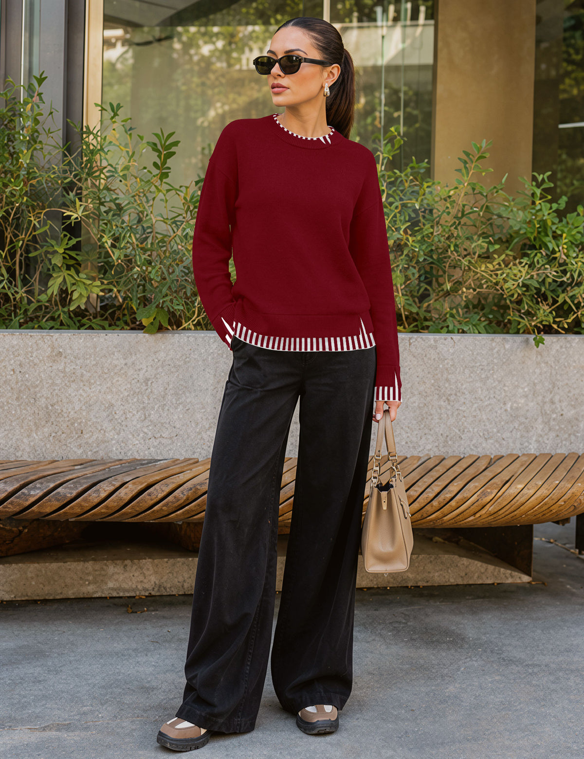LOMON Womens Sweaters Cozy Long Sleeve Pullover Tops Faux Layered Sweaters