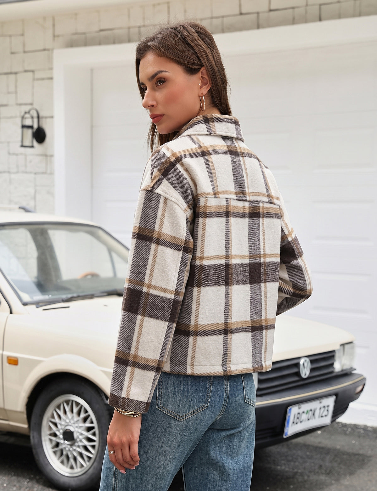 LOMON Women's Flannel Cropped Plaid Shacket Jacket Button Down Fall Outfits