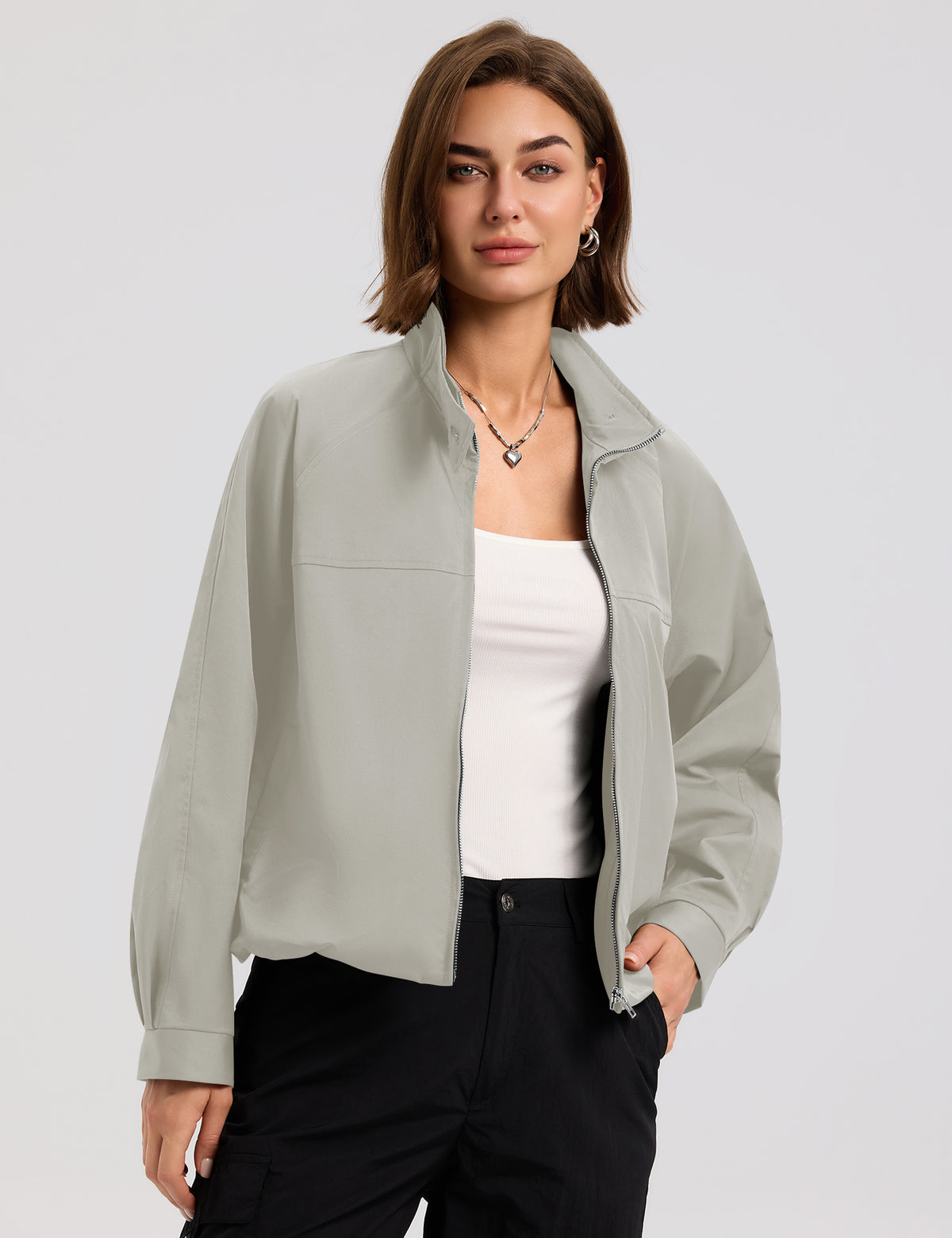 LOMON Jackets for Women Zip Up Funnel Neck Cropped Jackets With Pockets