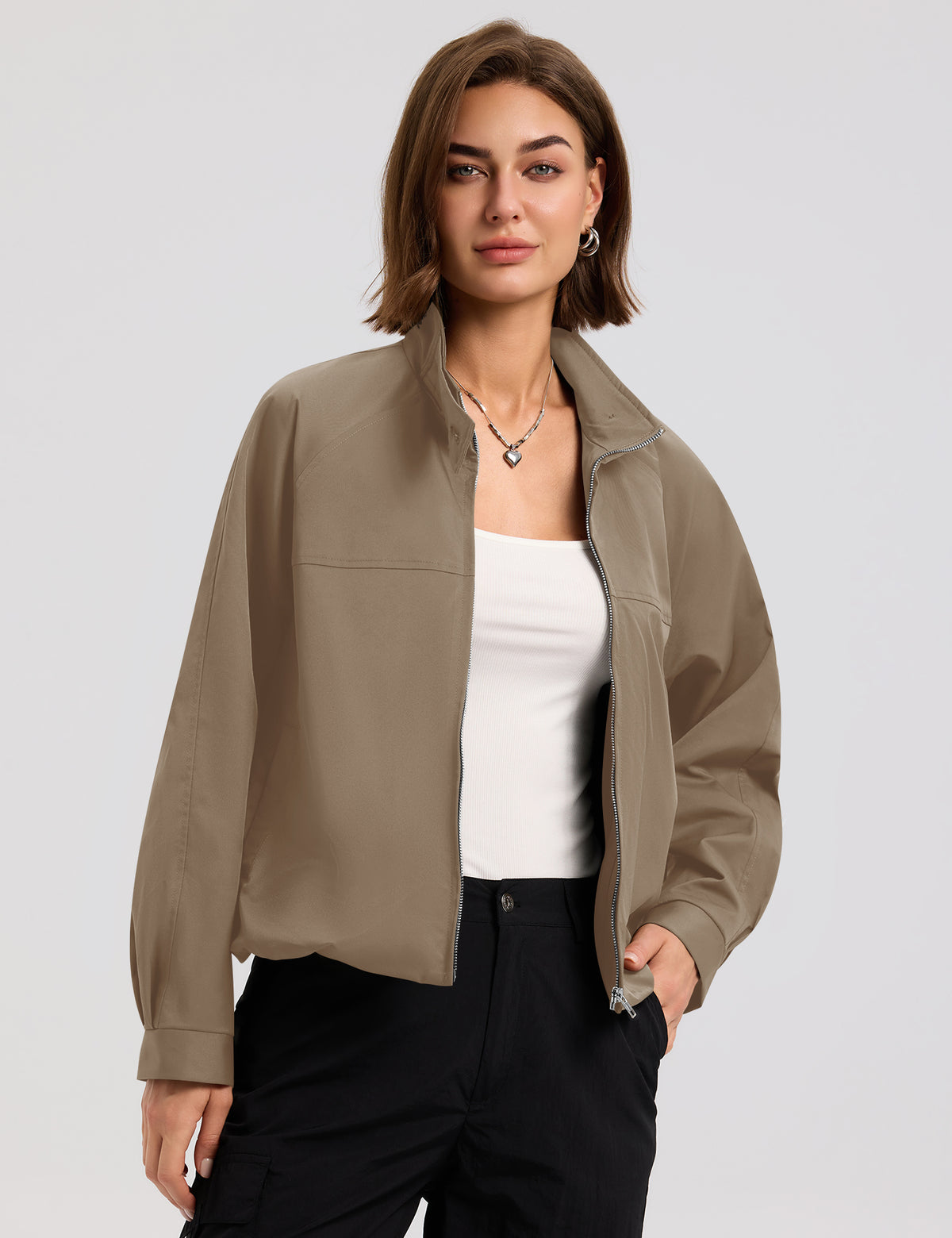 LOMON Jackets for Women Zip Up Funnel Neck Cropped Jackets With Pockets