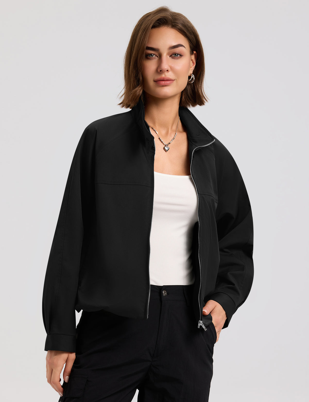 LOMON Jackets for Women Zip Up Funnel Neck Cropped Jackets With Pockets