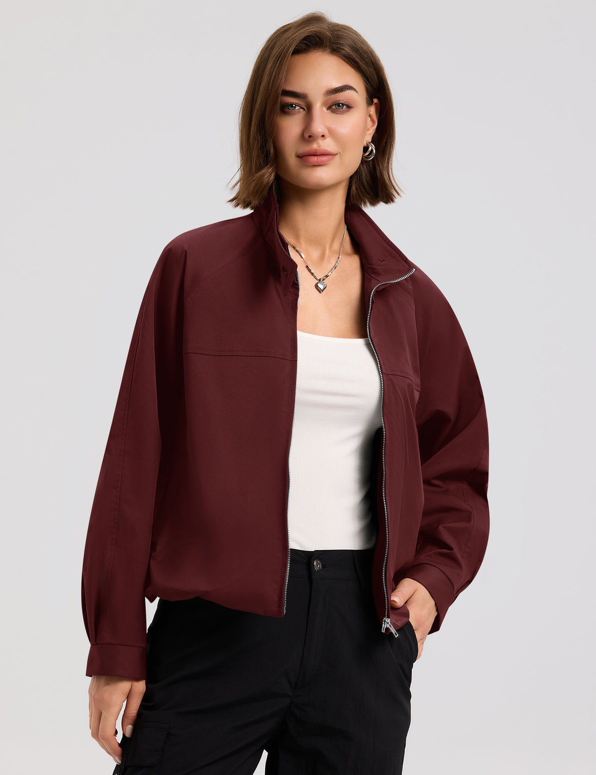 LOMON Jackets for Women Zip Up Funnel Neck Cropped Jackets With Pockets