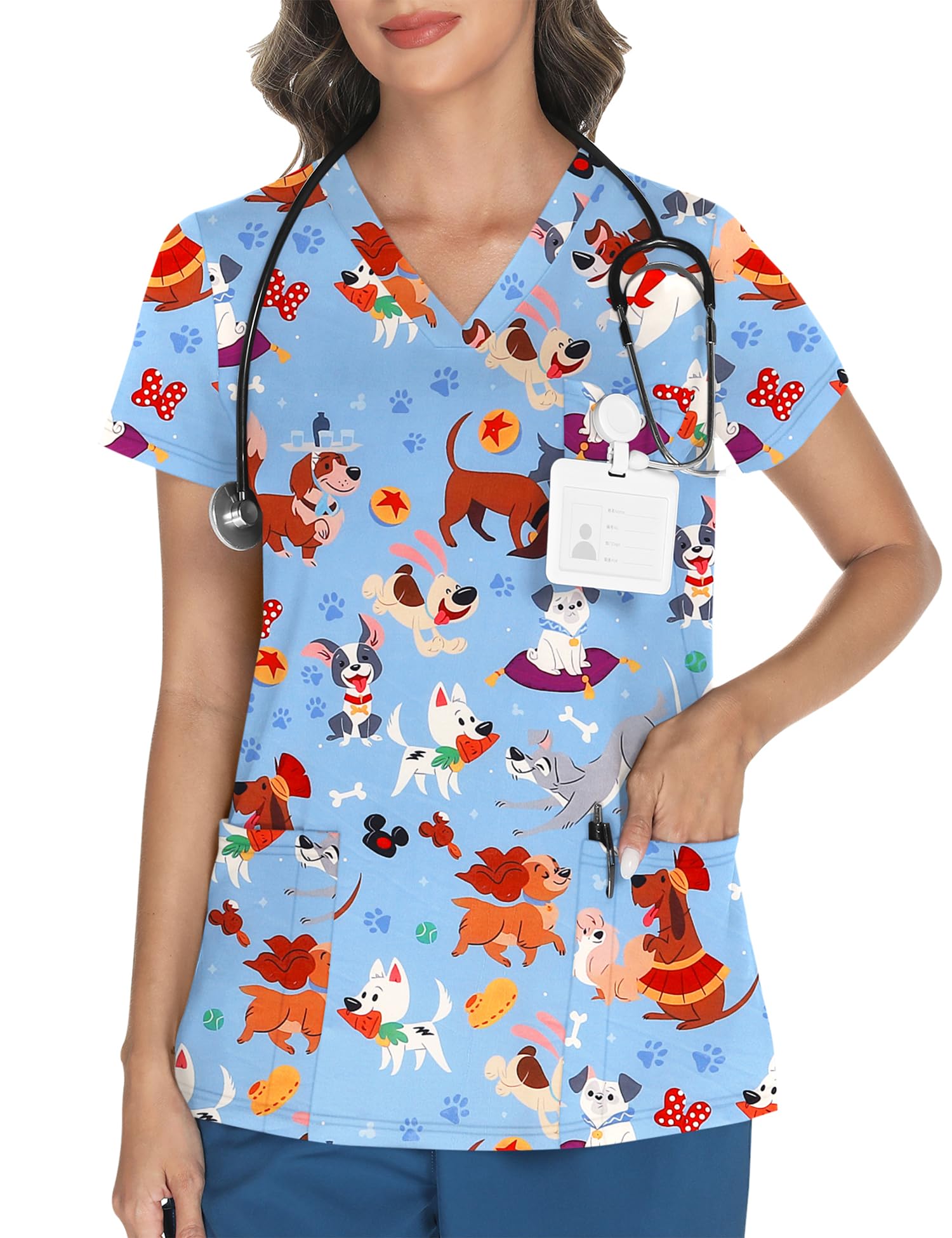 LOMON Women's V Neck Printed Scrub Top with 3 Pockets