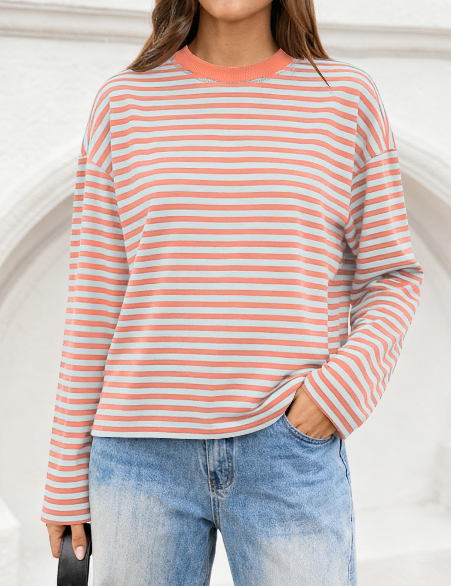 LOMON Striped Long Sleeve Shirt Women Y2k Oversized Crewneck Fall Spring Drop Shoulder Vintage Tops Teen Girl Clothes