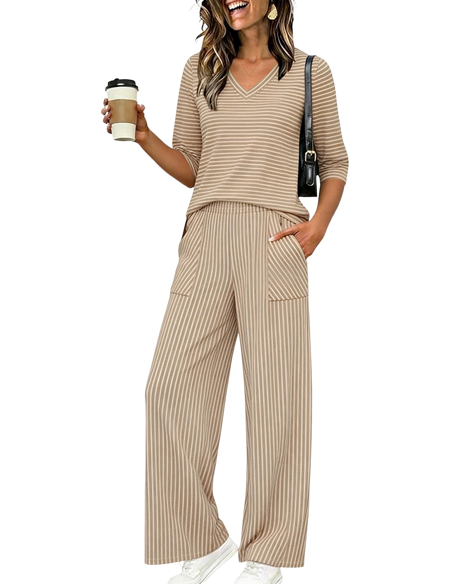 LOMON Women's 2 Piece Lounge Pajama Sets Soft 3/4 Sleeve Tops and Wide Leg Pants Loose Casual Outfits with Pockets