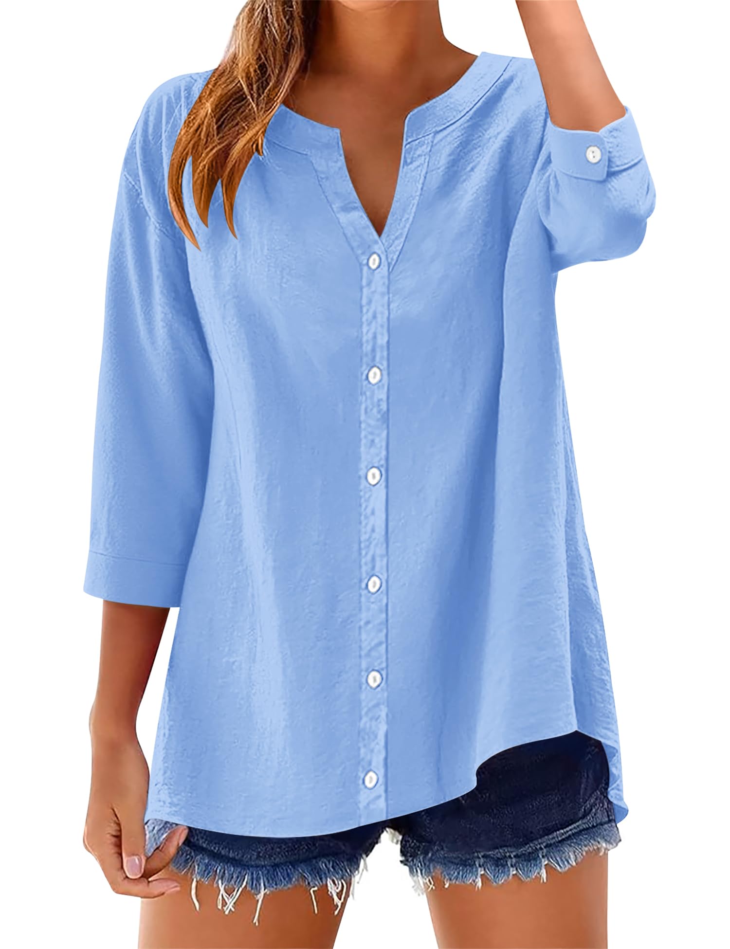 LOMON Womens 3/4 Sleeve Button Down Shirts Cotton Linen Roll Up Short Sleeve Tops V Neck Casual Loose Fit Blouses
