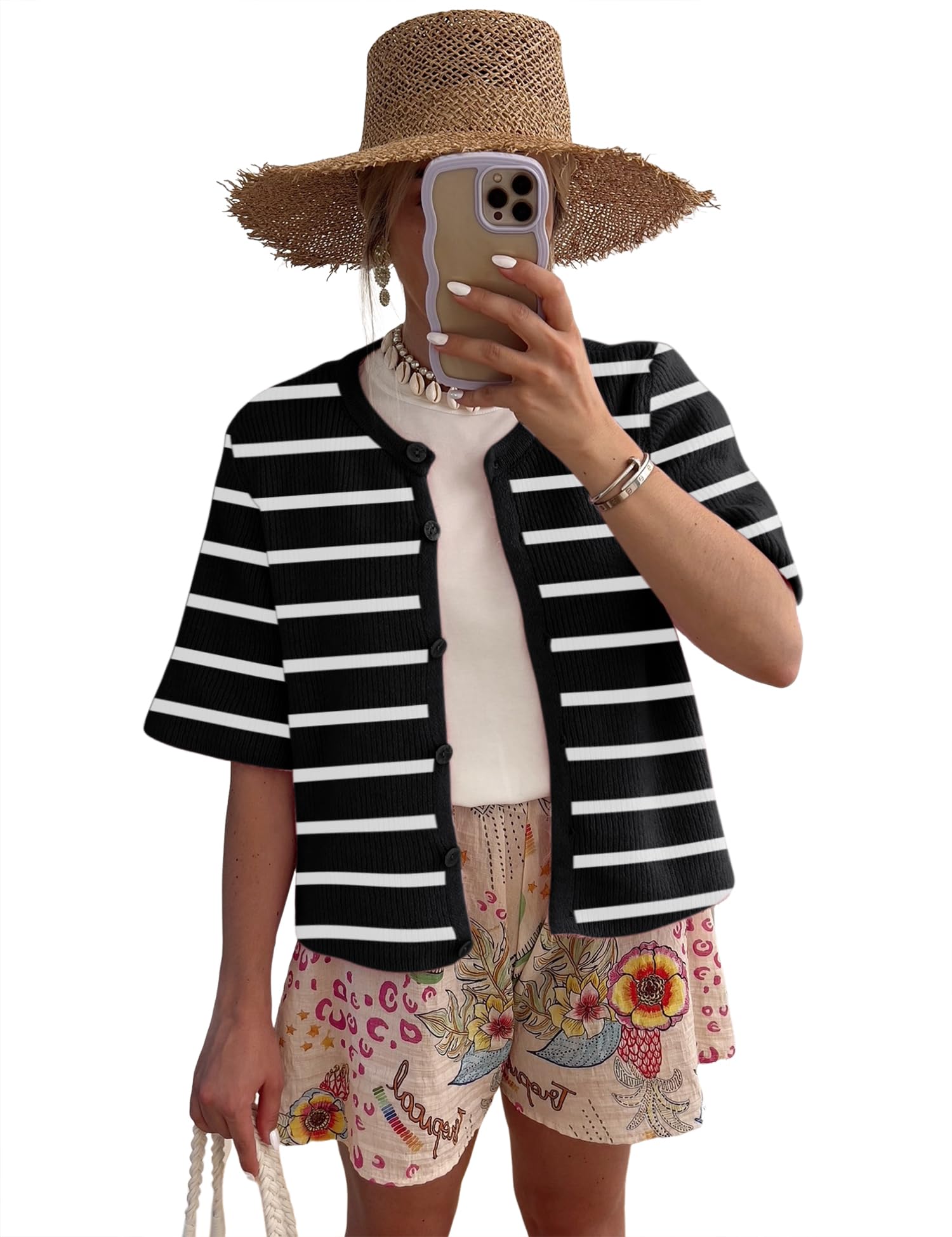 Lomon Womens Spring Summer Short Sleeve Cardigan Sweaters Trendy Crew Neck Button Down Lightweight Knit Outfit Y2k Clothes
