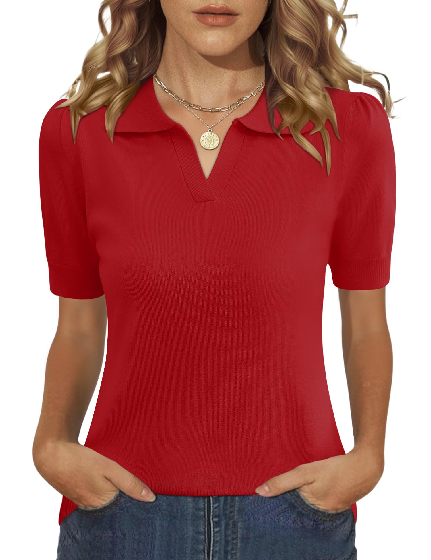 LOMON Womens Puff Short Sleeve Polo Sweater V Neck Knitted Tops Casual Ribbed Shirt Pullover Blouse