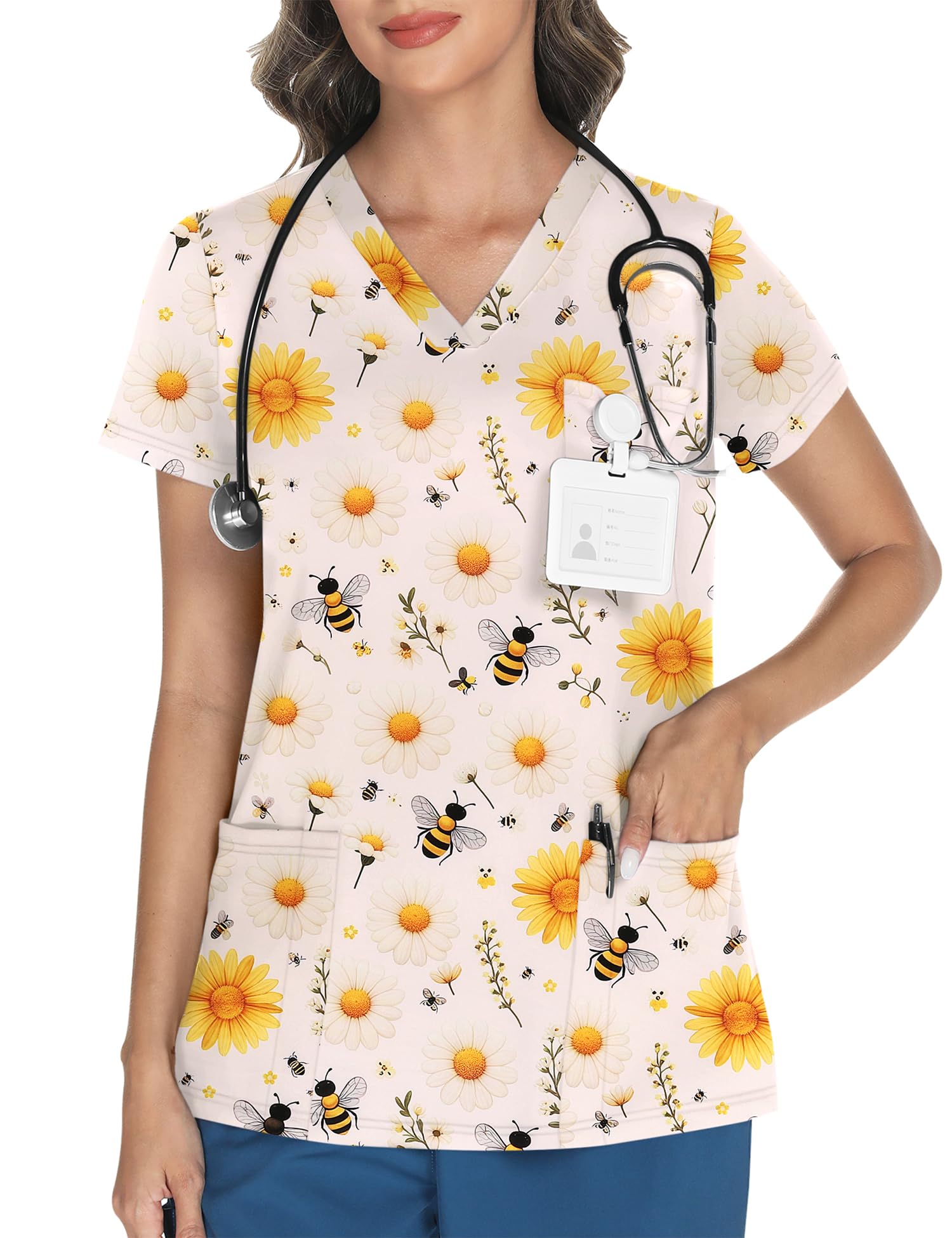 LOMON Women's V Neck Printed Scrub Top with 3 Pockets