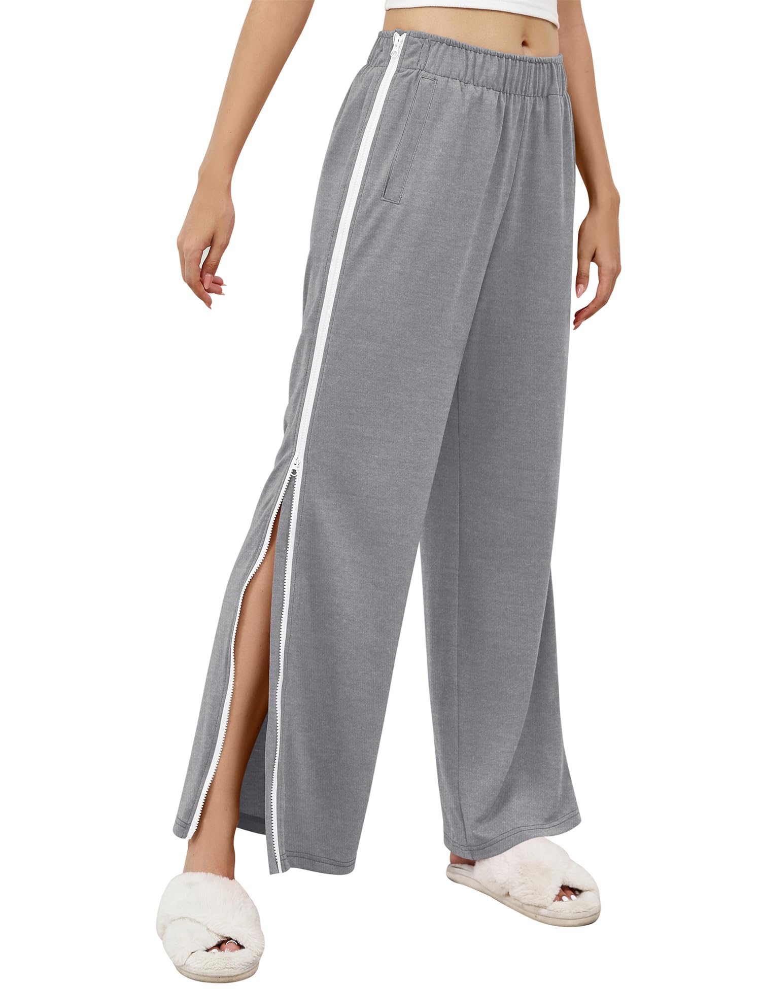 LOMON Womens Tear Away Pants Sides Full Open Sweatpants Double Slider Zip Off Post Surgery Pant with Pockets