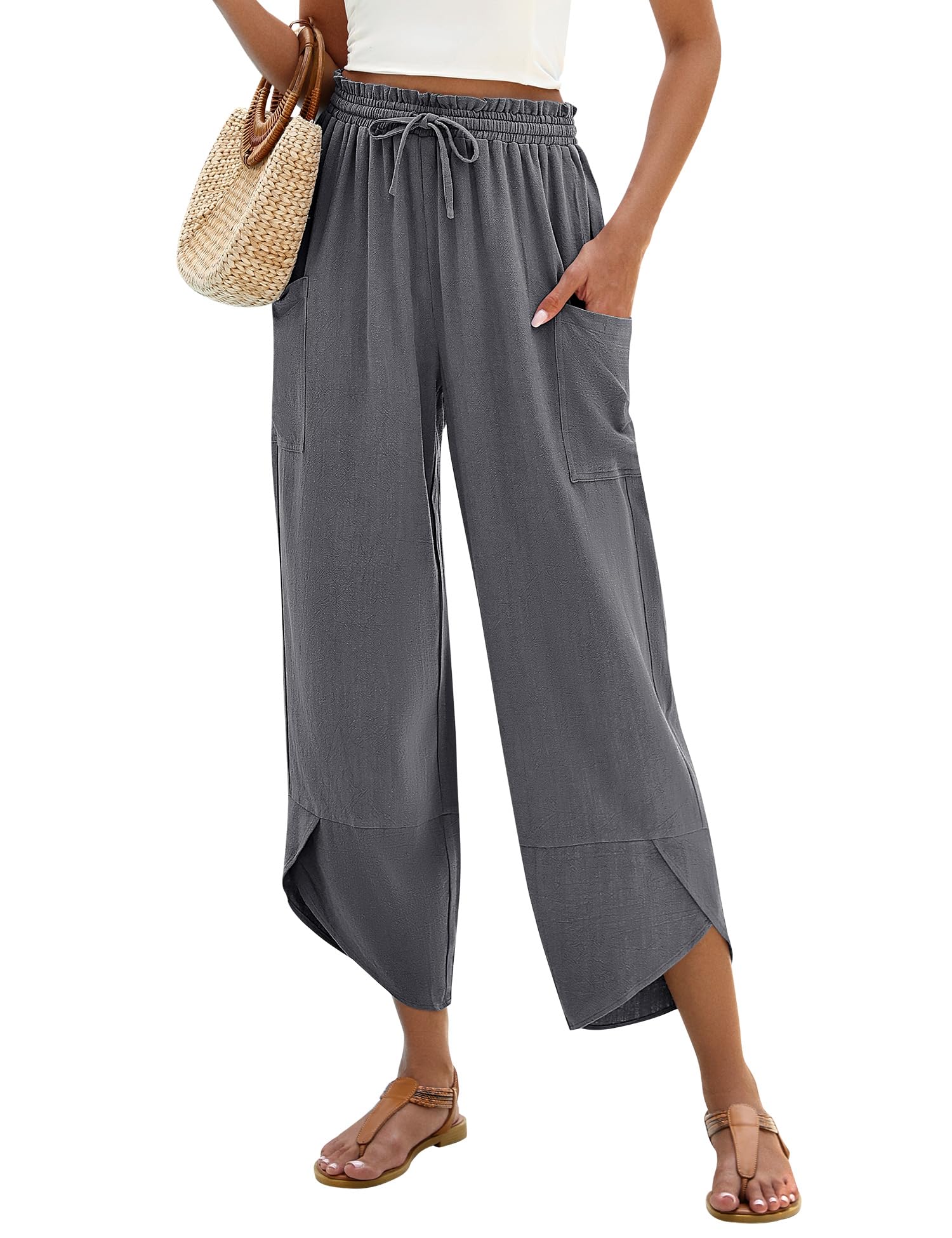 LOMON Women Linen Palazzo Pants Boho Wide Leg Elastic Waisted Casual Capri Pant Summer Harem Lounge with Pockets