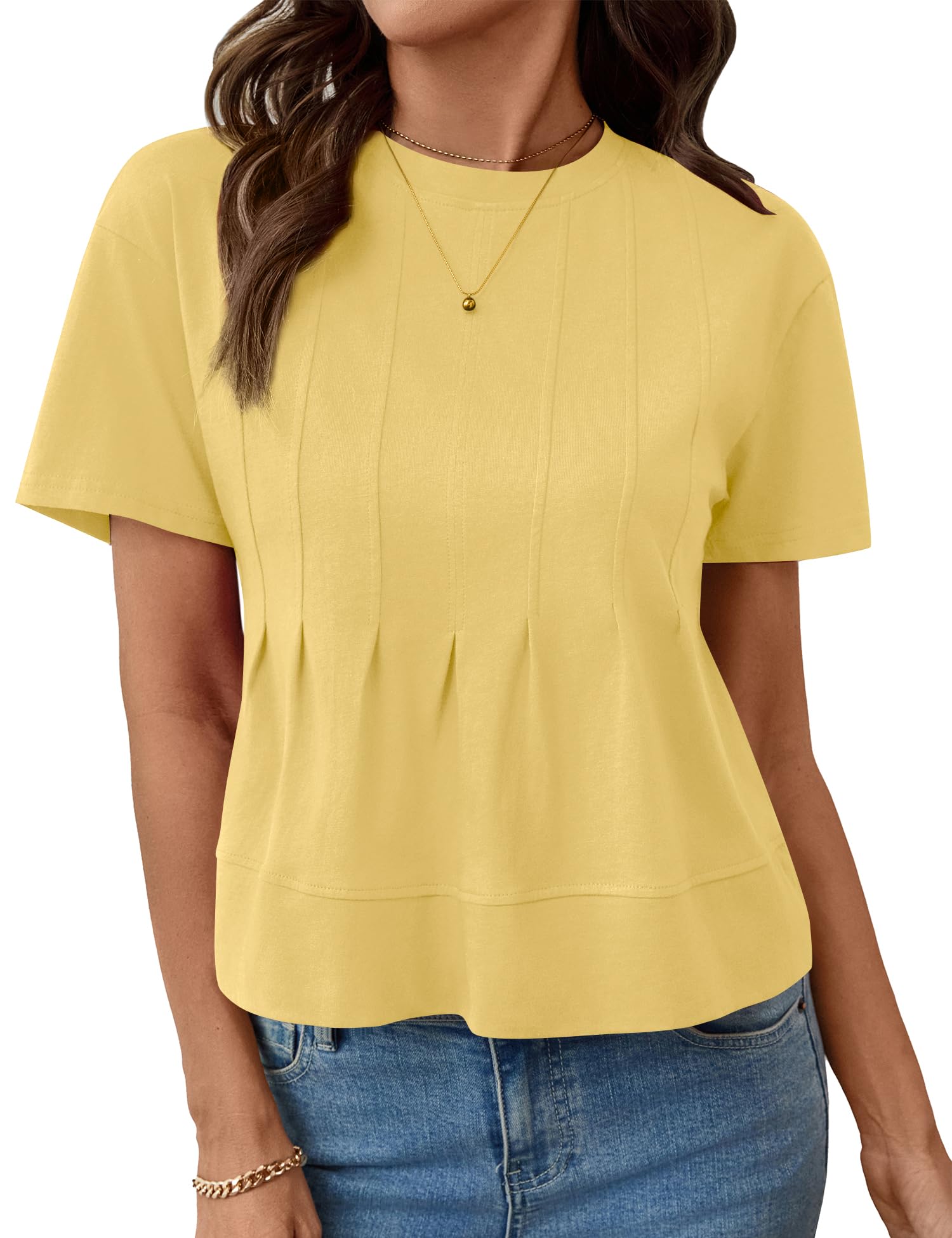 LOMON Spring Peplum Tops for Women Babydoll Pleated Short Sleeve Crop Swing Shirts Blouses Trendy Casual Clothing 2026