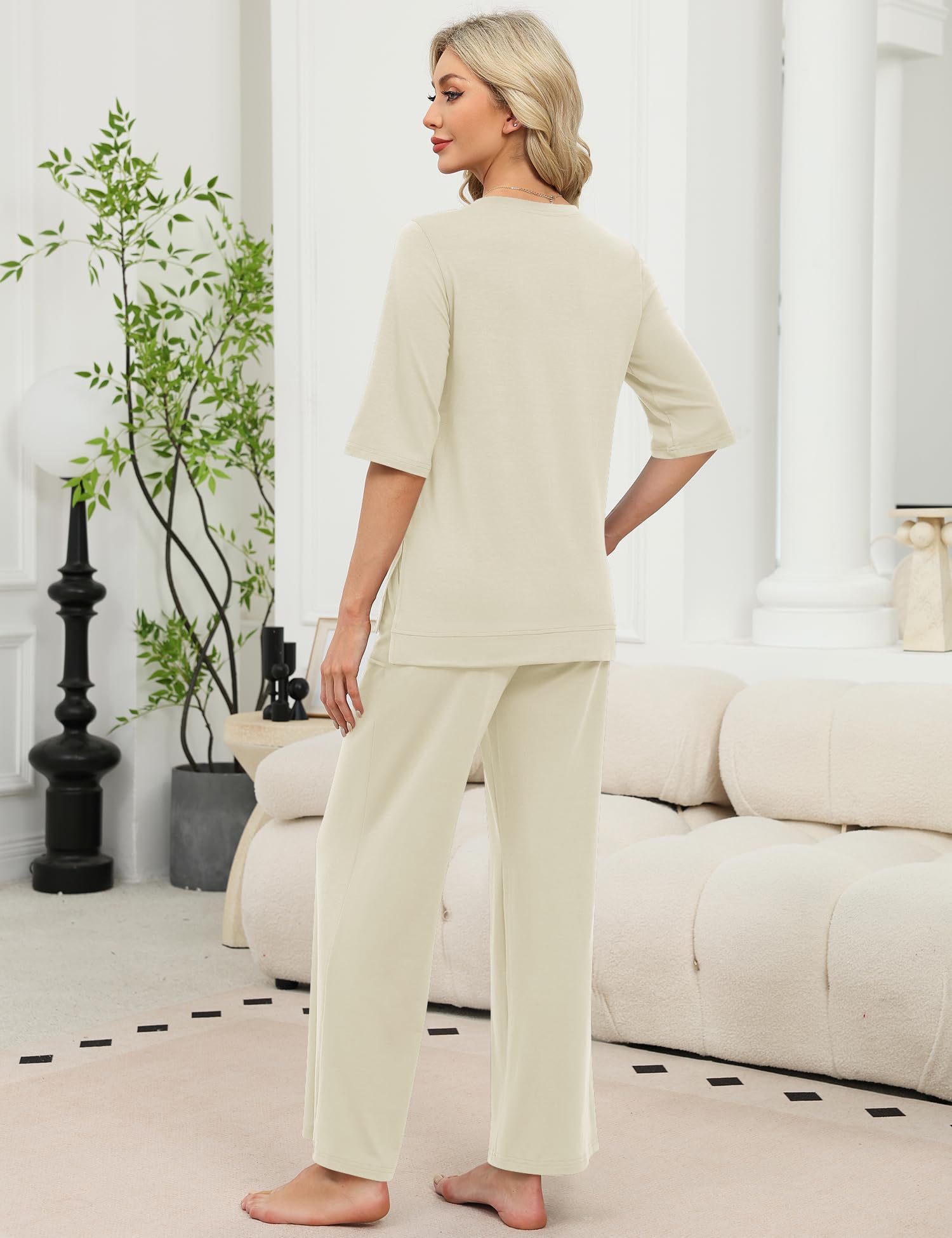 LOMON Women's 2 Piece Lounge Pajama Sets Soft 3/4 Sleeve Tops and Wide Leg Pants Loose Casual Outfits with Pockets
