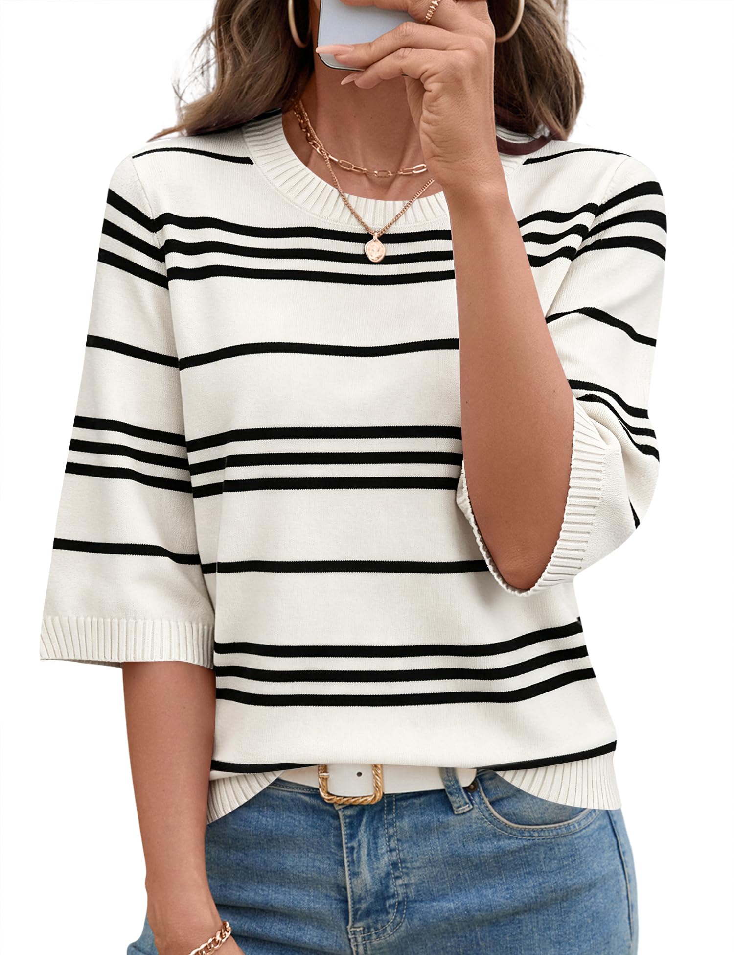 LOMON Womens Sweaters Casual Fall 2025 Crew Neck Striped 3/4 Sleeve Lightweight Knit Trendy Pullover Sweater Tops S-XL