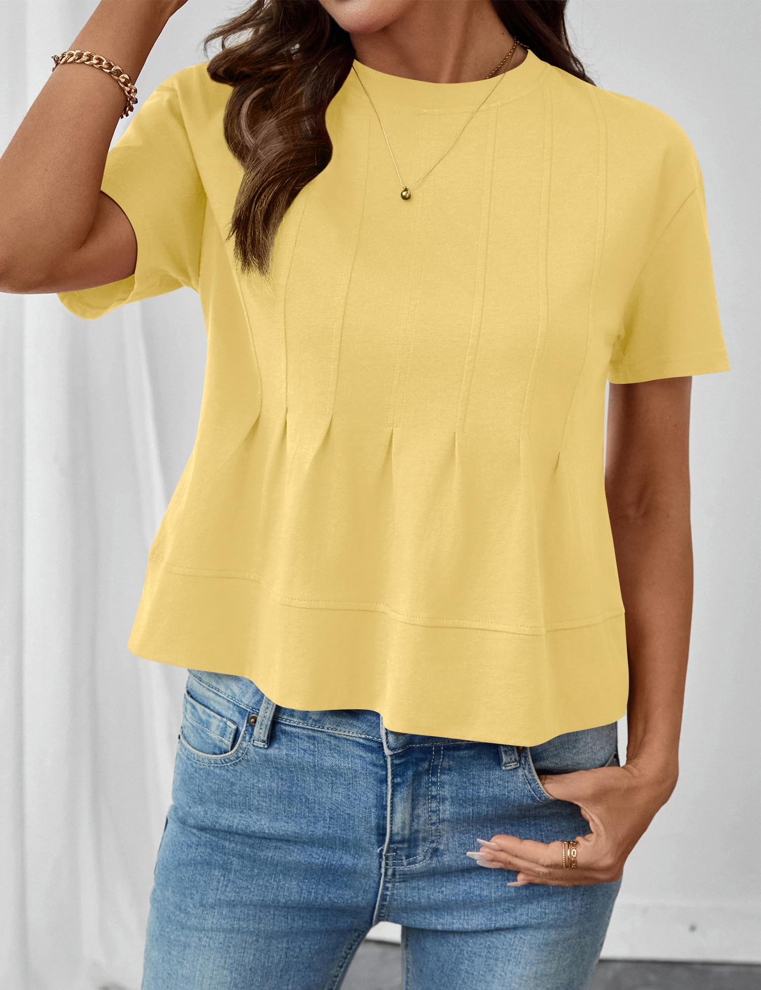 LOMON Spring Peplum Tops for Women Babydoll Pleated Short Sleeve Crop Swing Shirts Blouses Trendy Casual Clothing 2026