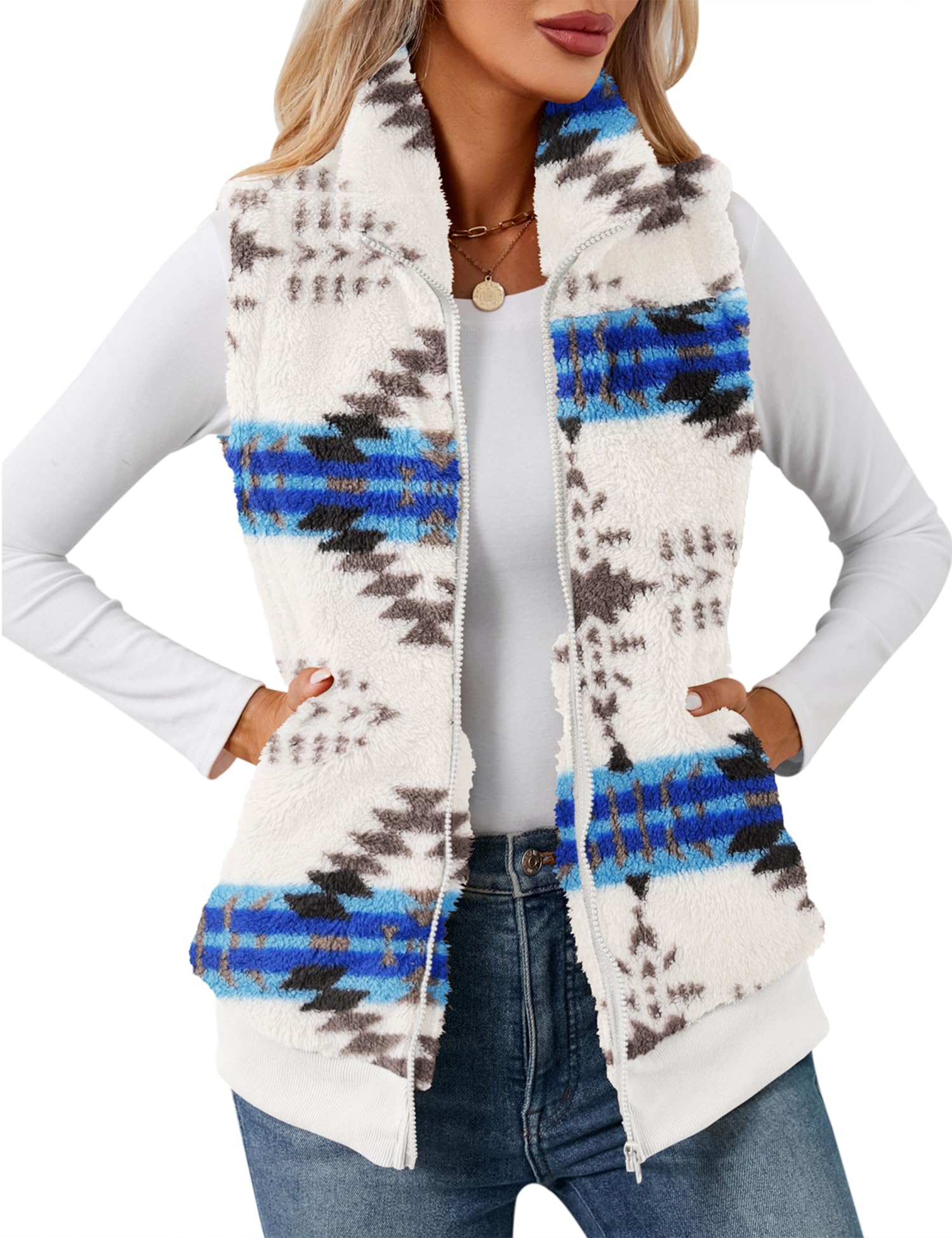 LOMON Womens Fuzzy Fleece Vest, Casual Warm Sleeveless Zip Up Sherpa Vest Jacket with Pockets for Fall/Winter