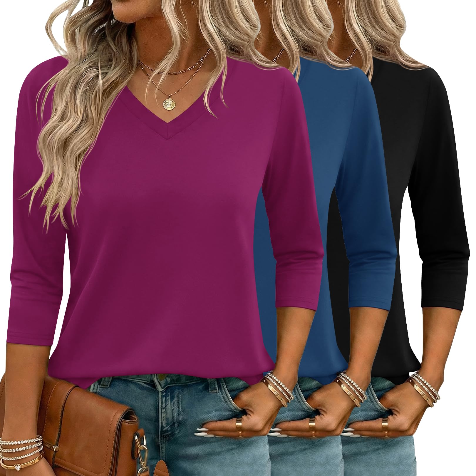 LOMON 3 Pack Tops for Women 3/4 Sleeve V Neck Basics Tees Business Casual Summer T Shirts