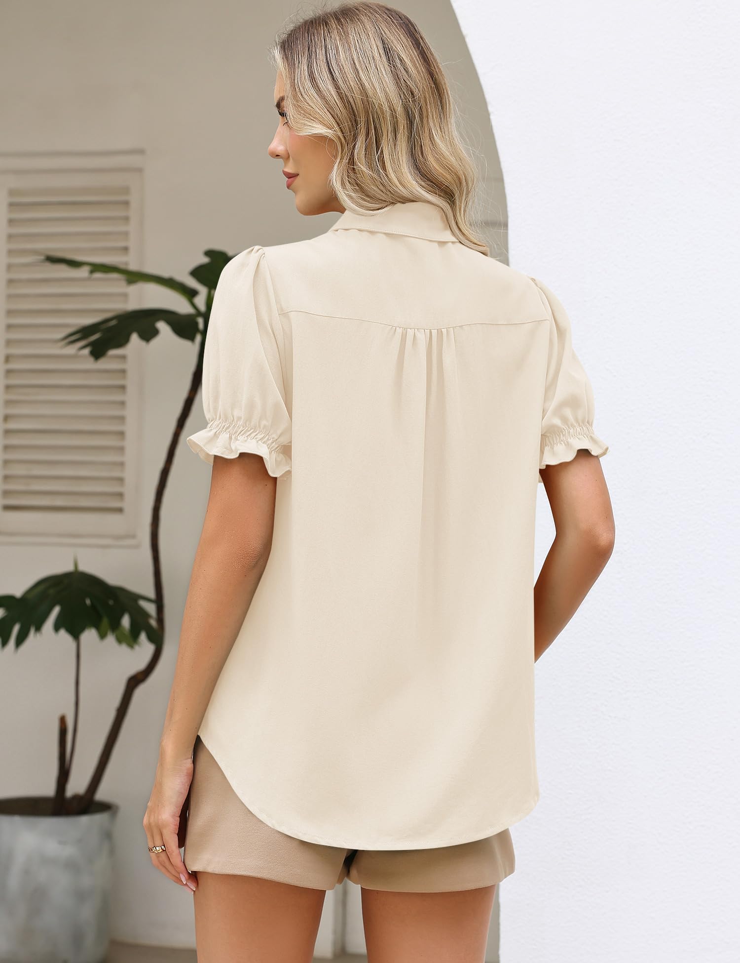 LOMON Linen Shirts for Women Puff Sleeve Button Down Summer Casual Cotton Linen Blouses Collared Work Tops Dressy