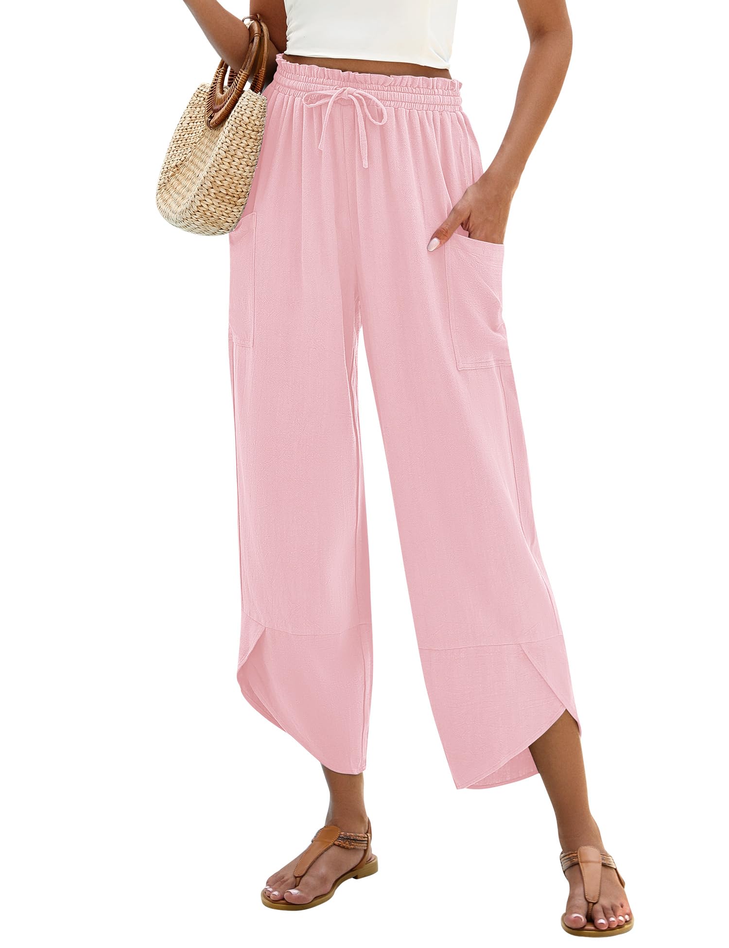 LOMON Women Linen Palazzo Pants Boho Wide Leg Elastic Waisted Casual Capri Pant Summer Harem Lounge with Pockets