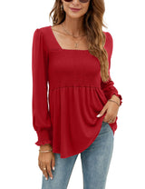LOMON Blouses for Women Puff Long Sleeve Shirts Square Neck Casual Smocked Tunic Tops 2024 Spring Fall Winter Clothes S-XL