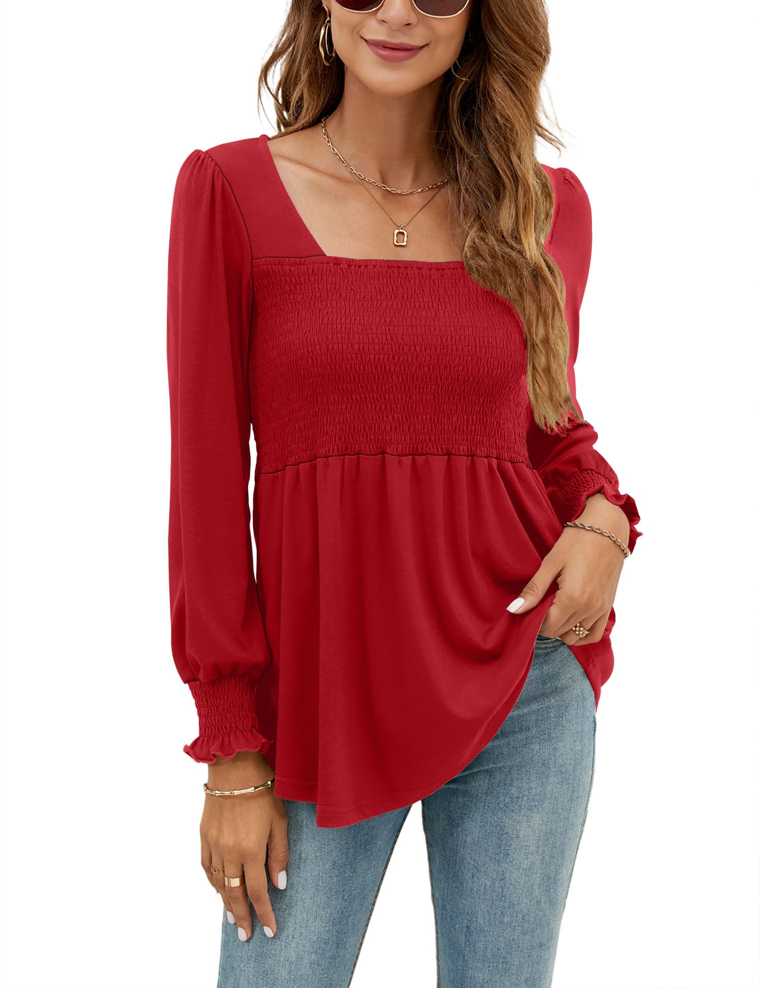 LOMON Blouses for Women Puff Long Sleeve Shirts Square Neck Casual Smocked Tunic Tops 2024 Spring Fall Winter Clothes S-XL