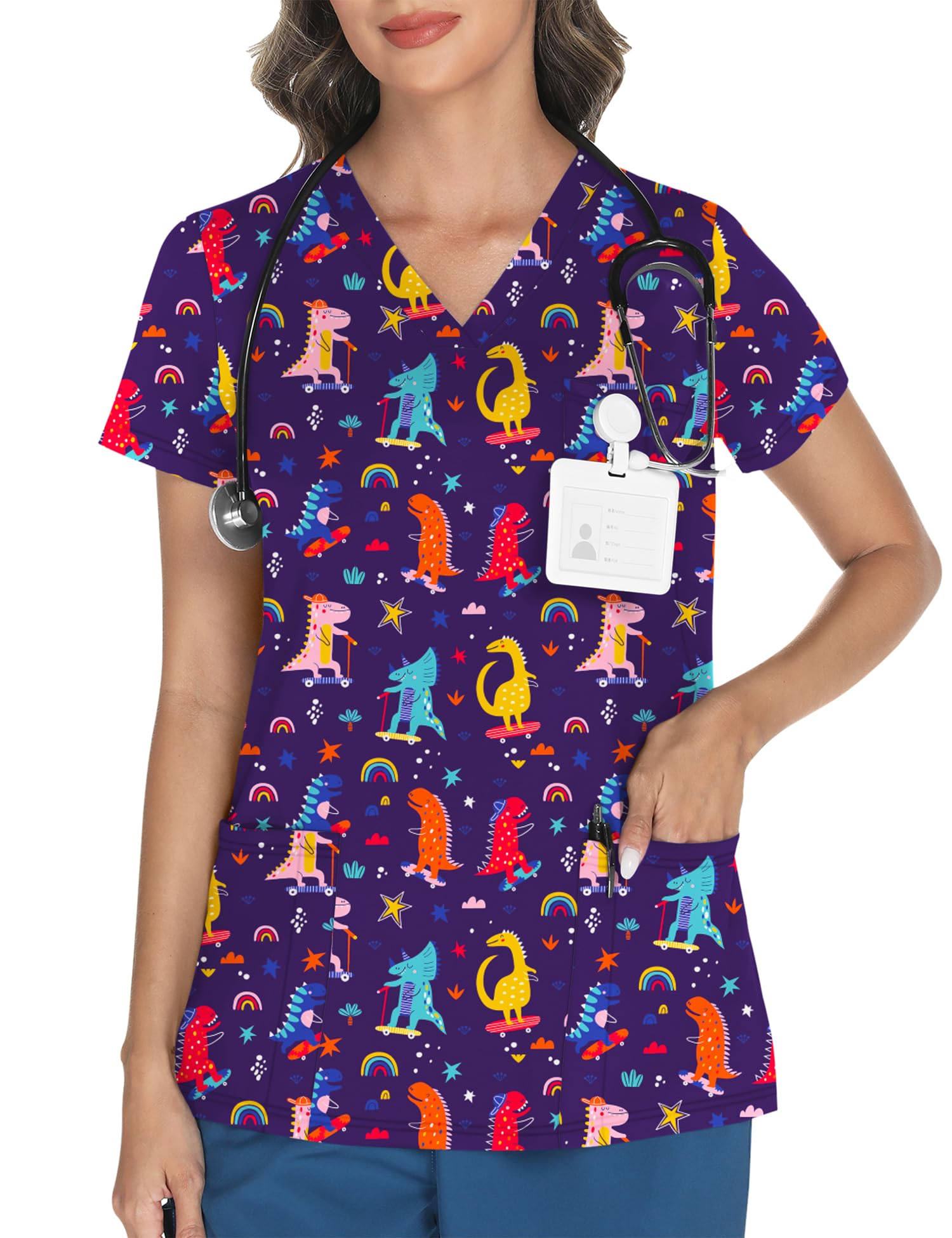 LOMON Women's V Neck Printed Scrub Top with 3 Pockets
