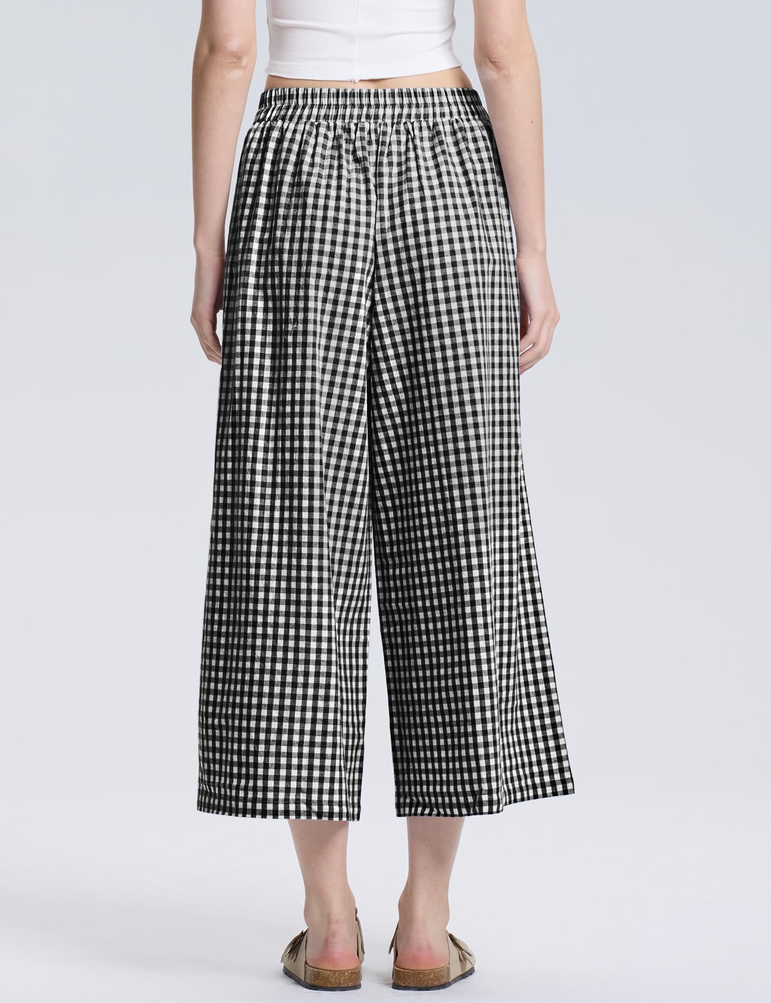LOMON Womens Wide Leg Capri Pants Gingham Plaid Culottes Summer Elastic Waist Palazzo Trousers Bottoms with Pockets
