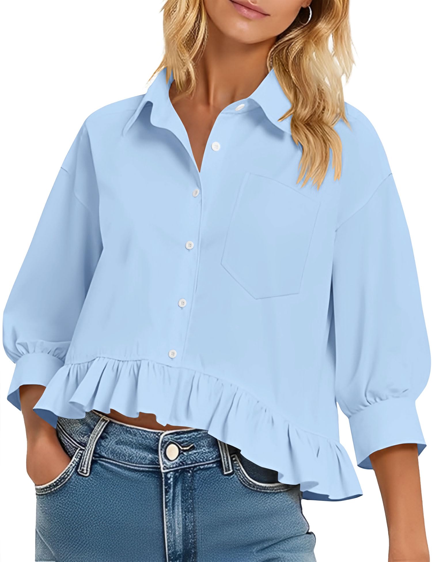 LOMON Womens 3/4 Sleeve Button Down Tops Dressy Casual Collared Shirts Blouses Ruffle Babydoll Tops Loose Fit