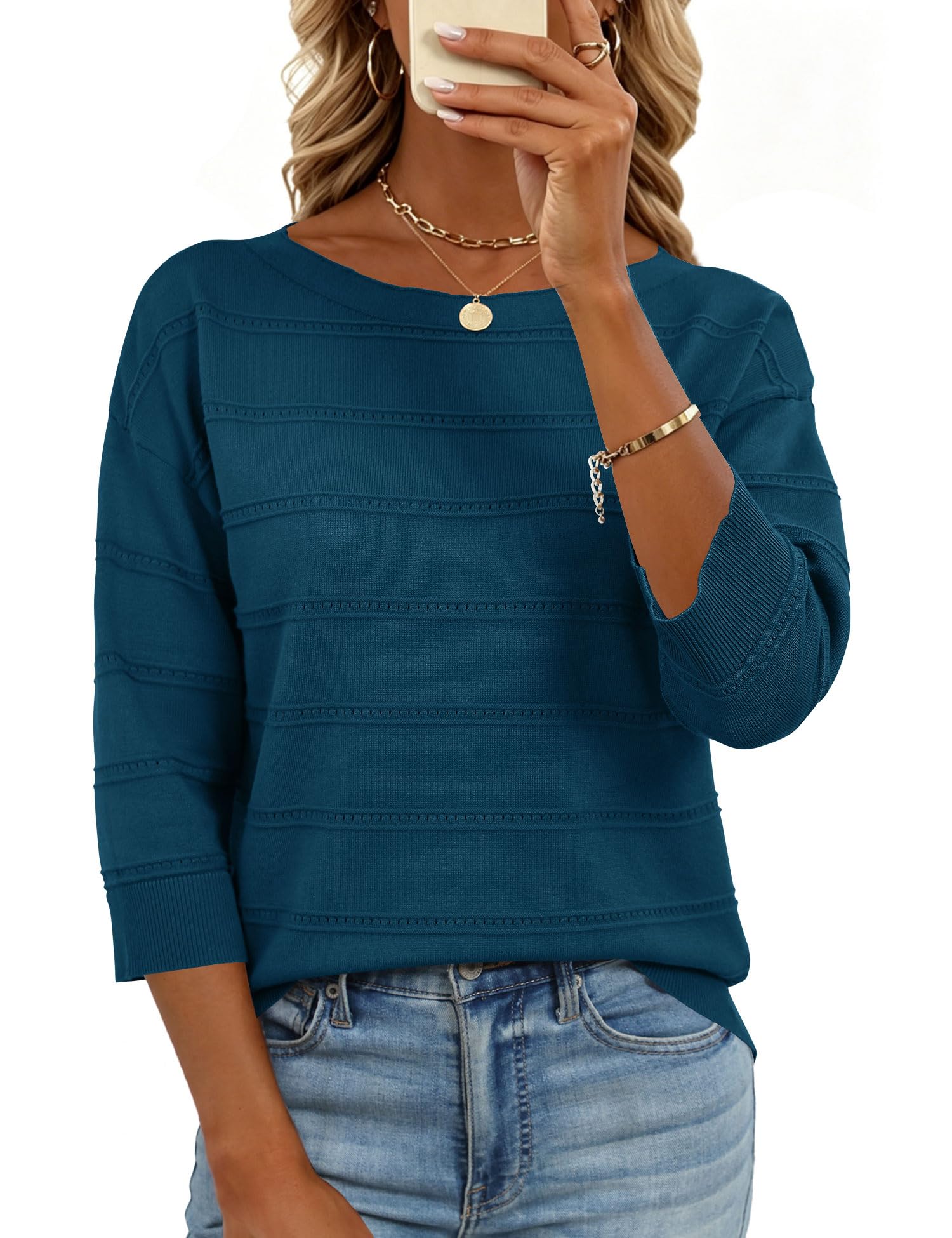 LOMON Womens Sweaters Casual Boat Neck 3/4 Sleeve Lightweight Knit Trendy Pullover Sweater Summer Tops S-XL