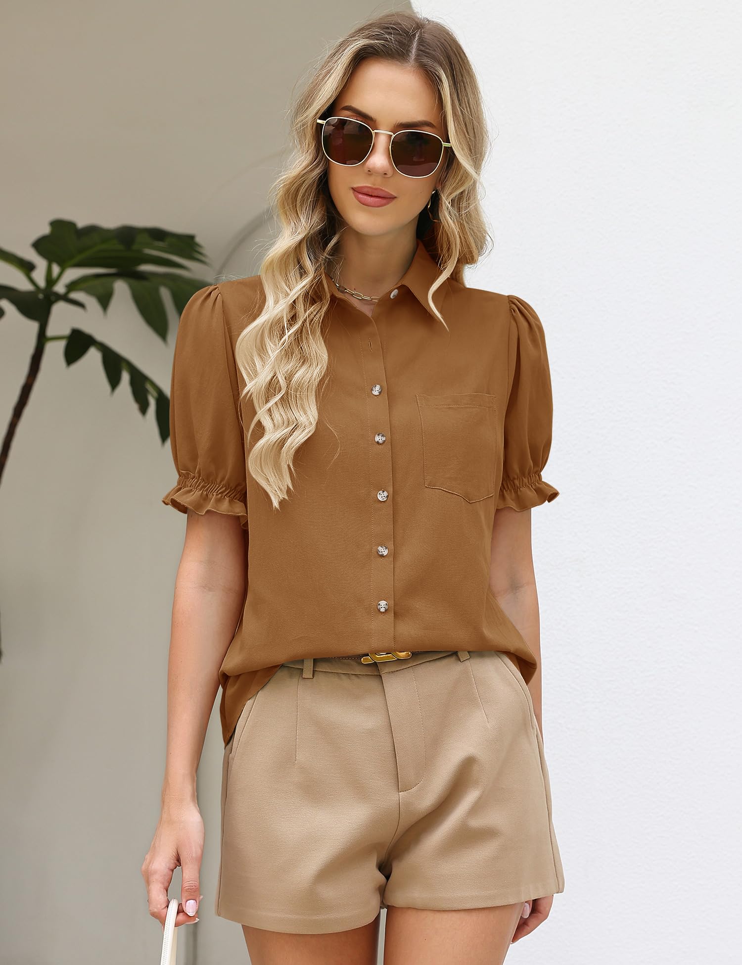 LOMON Linen Shirts for Women Puff Sleeve Button Down Summer Casual Cotton Linen Blouses Collared Work Tops Dressy