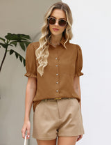 LOMON Linen Shirts for Women Puff Sleeve Button Down Summer Casual Cotton Linen Blouses Collared Work Tops Dressy