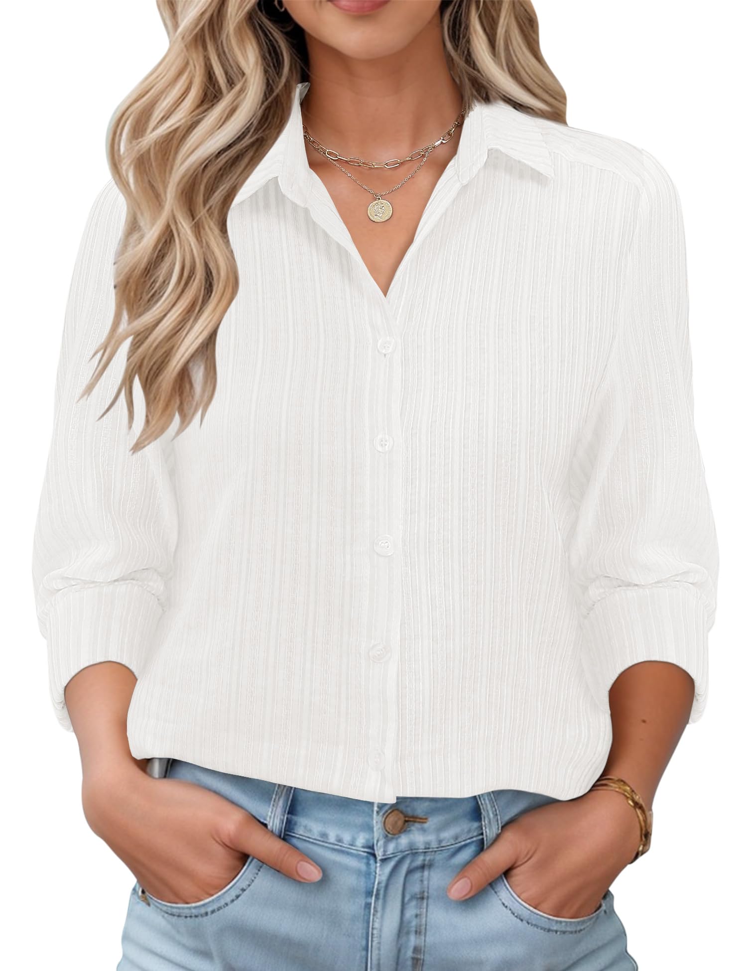 LOMON Womens Long Sleeve Button Down Shirts Casual Loose Fit Cotton Collared Blouses