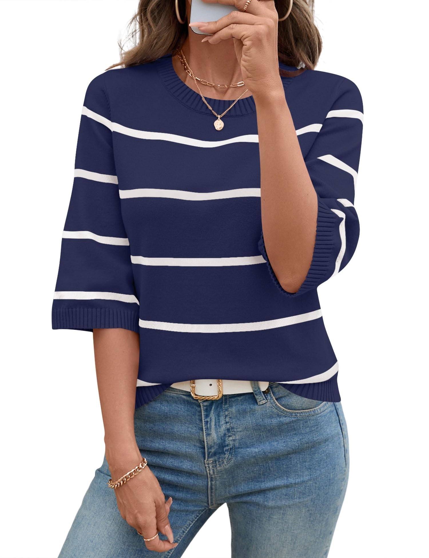 LOMON Womens Sweaters Casual Fall 2025 Crew Neck Striped 3/4 Sleeve Lightweight Knit Trendy Pullover Sweater Tops S-XL