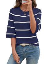 LOMON Womens Sweaters Casual Fall 2025 Crew Neck Striped 3/4 Sleeve Lightweight Knit Trendy Pullover Sweater Tops S-XL