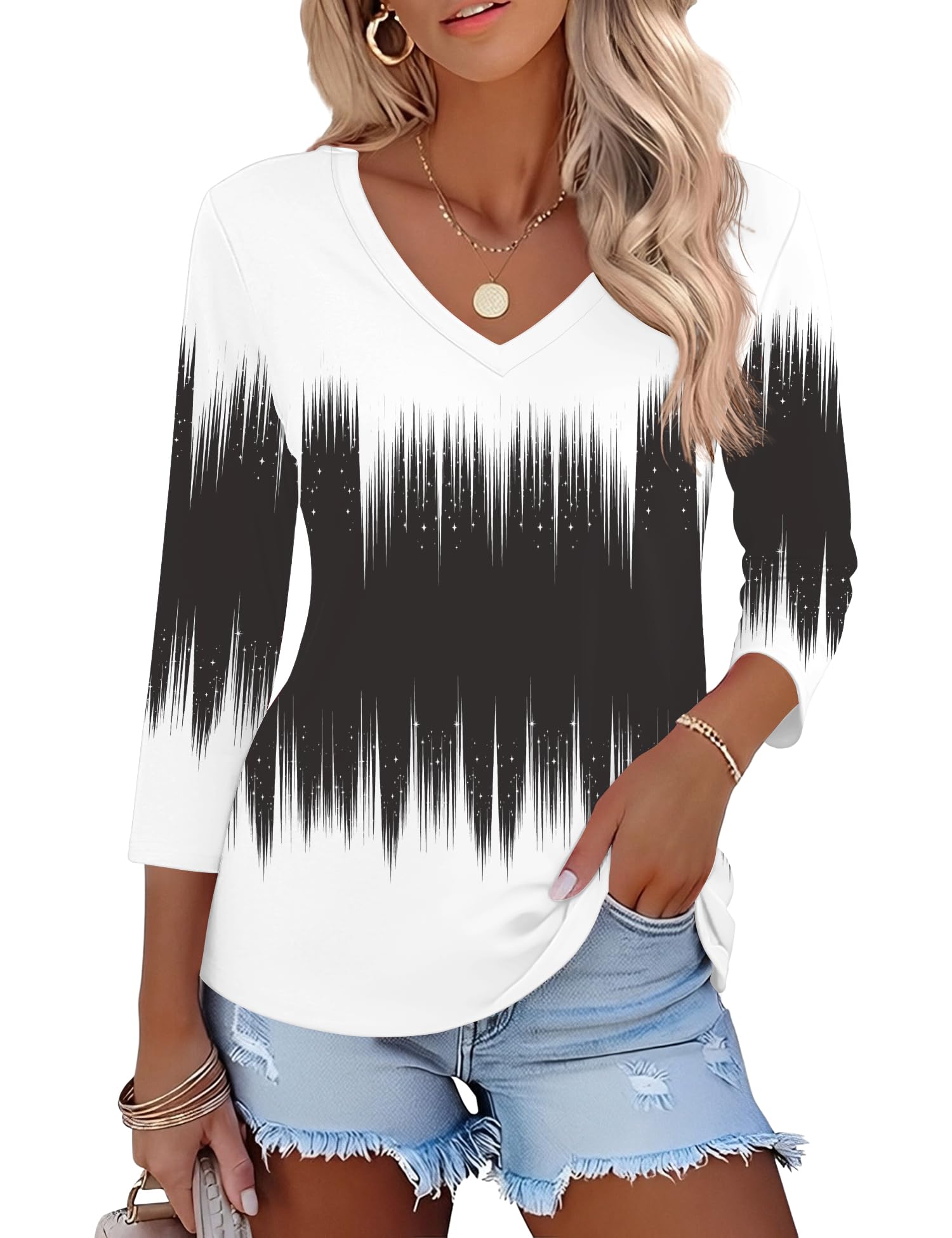 Lomon Women's V Neck T Shirts 3/4 Sleeve Blouse Summer Tops Dressy Casual Basic Tees