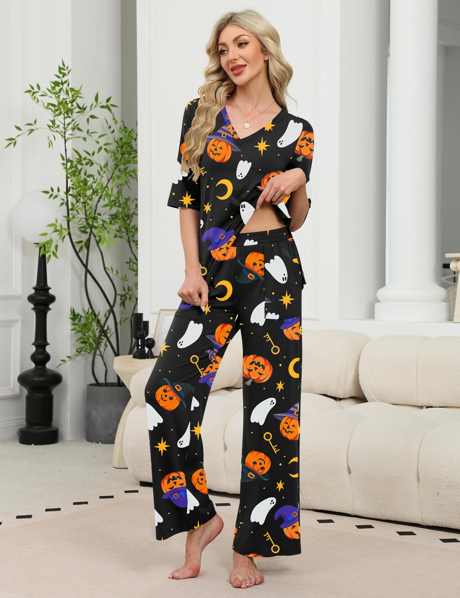 LOMON Women's 2 Piece Lounge Pajama Sets Soft 3/4 Sleeve Tops and Wide Leg Pants Loose Casual Outfits with Pockets