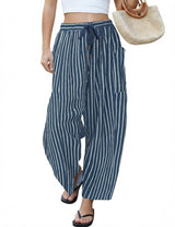 LOMON Womens Wide Leg Linen Pants Casual Drawstring Palazzo Harem Pants Summer Loose Beach Travel Vacation Pants with Pockets