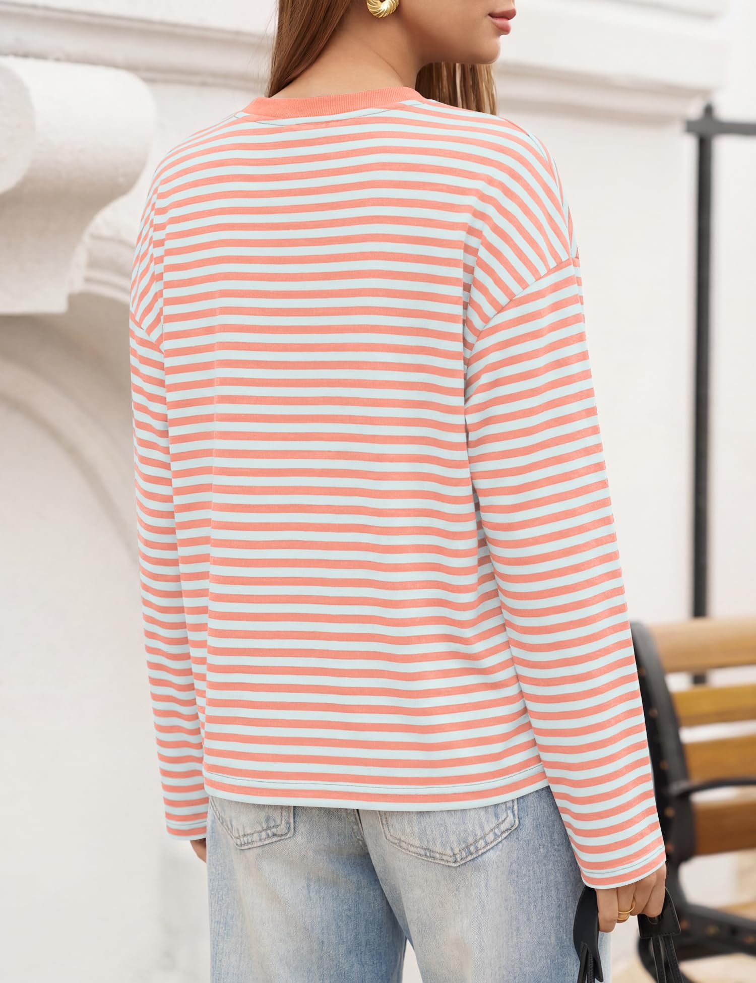 LOMON Striped Long Sleeve Shirt Women Y2k Oversized Crewneck Fall Spring Drop Shoulder Vintage Tops Teen Girl Clothes