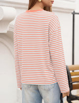 LOMON Striped Long Sleeve Shirt Women Y2k Oversized Crewneck Fall Spring Drop Shoulder Vintage Tops Teen Girl Clothes