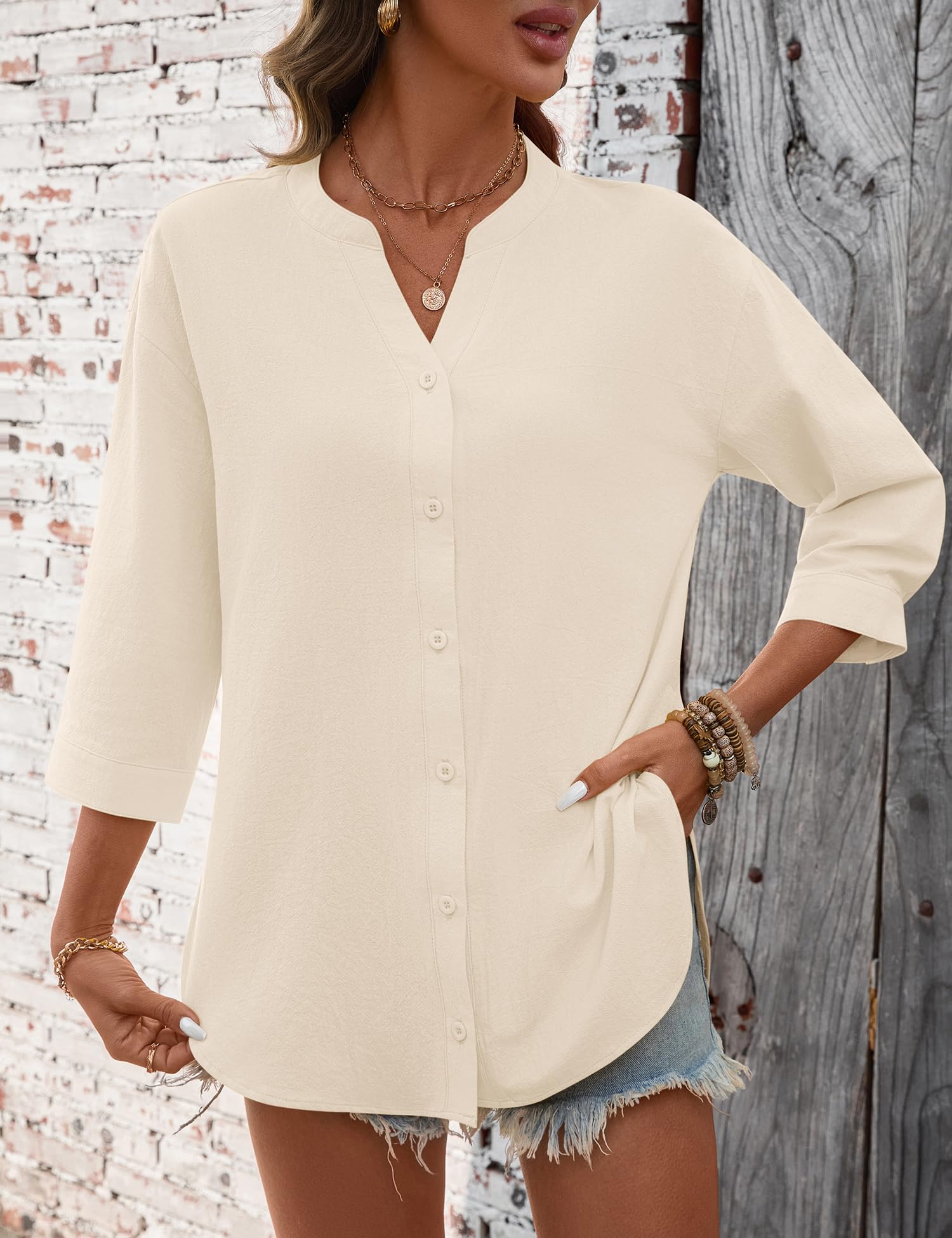 LOMON 3/4 Length Sleeve Womens Tops V Neck 3/4 Sleeve Sides Slit Button Down Shirts Cotton Linen Casual Loose Blouses