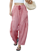 LOMON Womens Wide Leg Linen Pants Casual Drawstring Palazzo Harem Pants Summer Loose Beach Travel Vacation Pants with Pockets