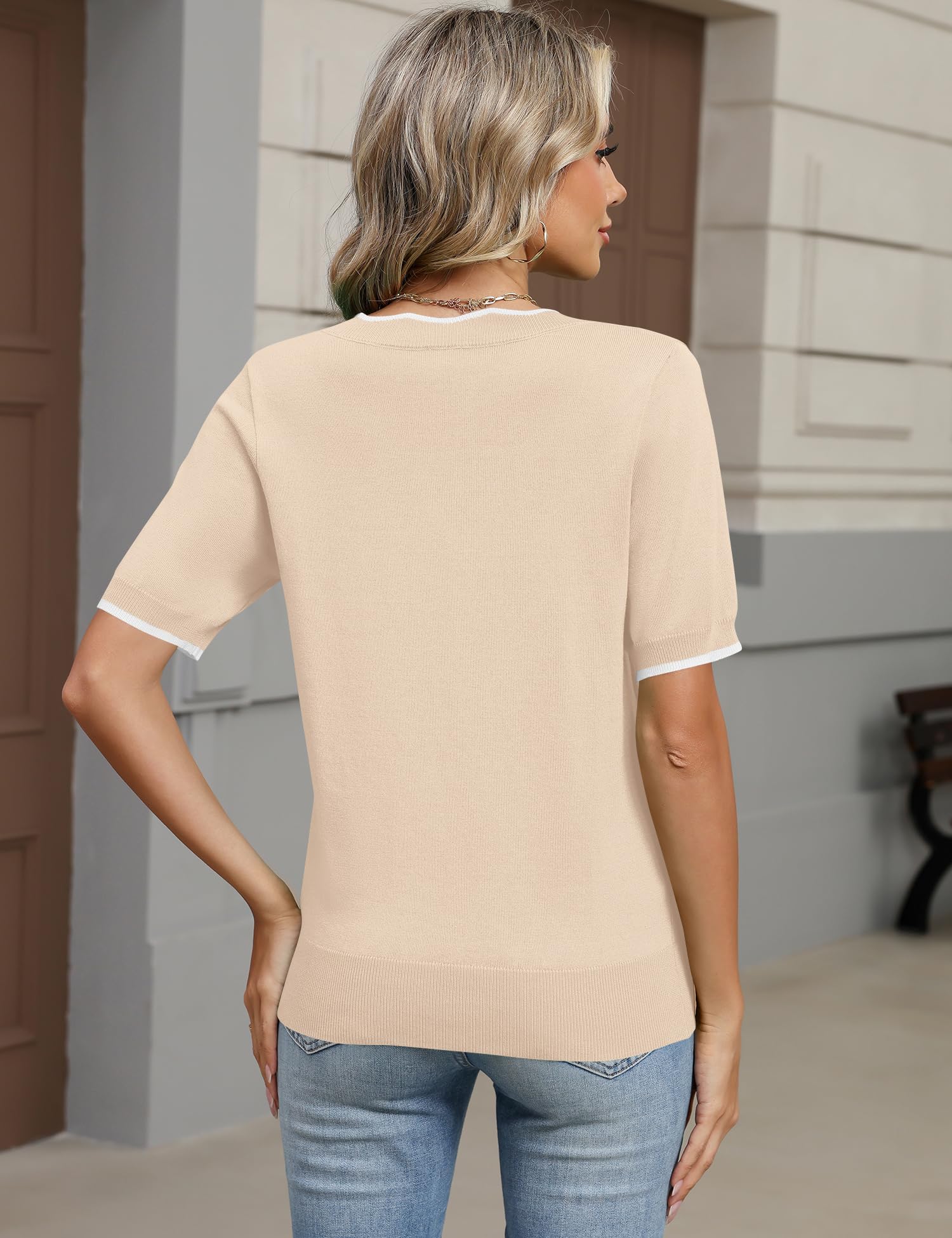 LOMON Womens 2026 Spring V Neck Sweater Casual Tops Short Sleeve Lightweight Ribbed Knit Pullover Sweaters
