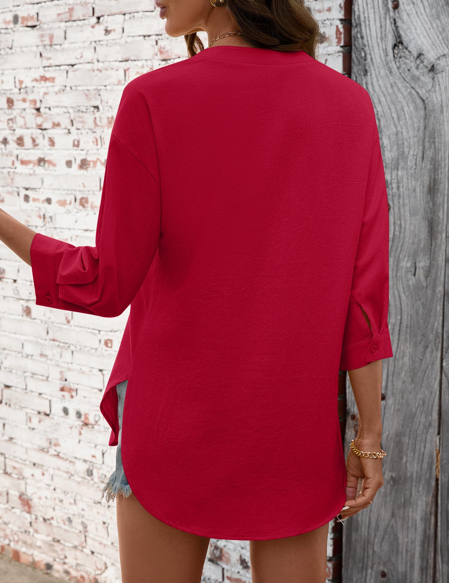 LOMON 3/4 Length Sleeve Womens Tops V Neck 3/4 Sleeve Sides Slit Button Down Shirts Cotton Linen Casual Loose Blouses