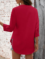 LOMON 3/4 Length Sleeve Womens Tops V Neck 3/4 Sleeve Sides Slit Button Down Shirts Cotton Linen Casual Loose Blouses
