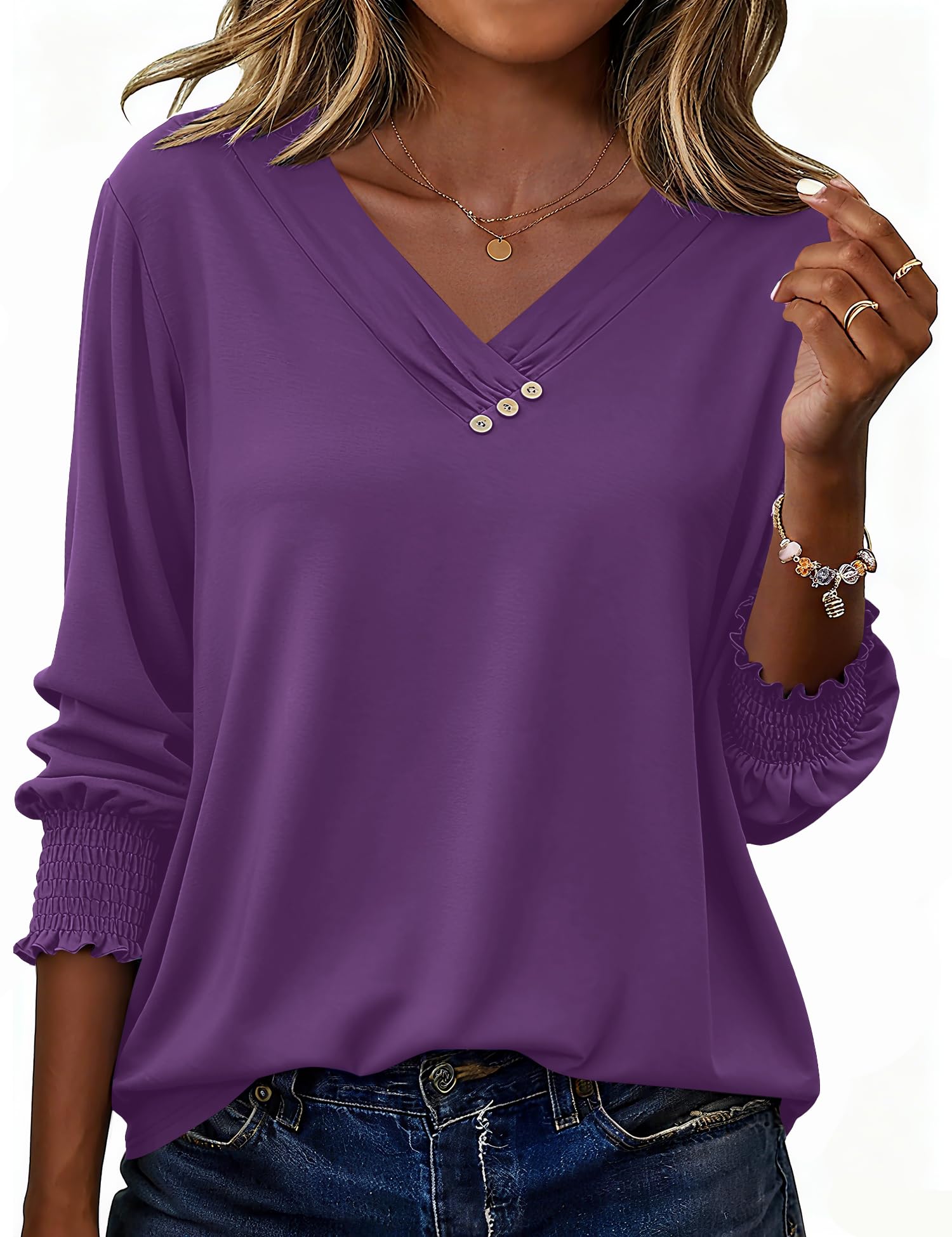 LOMON Blouses for Women Dressy Casual 3/4 Length Sleeve Womens Tops with Buttons Decor